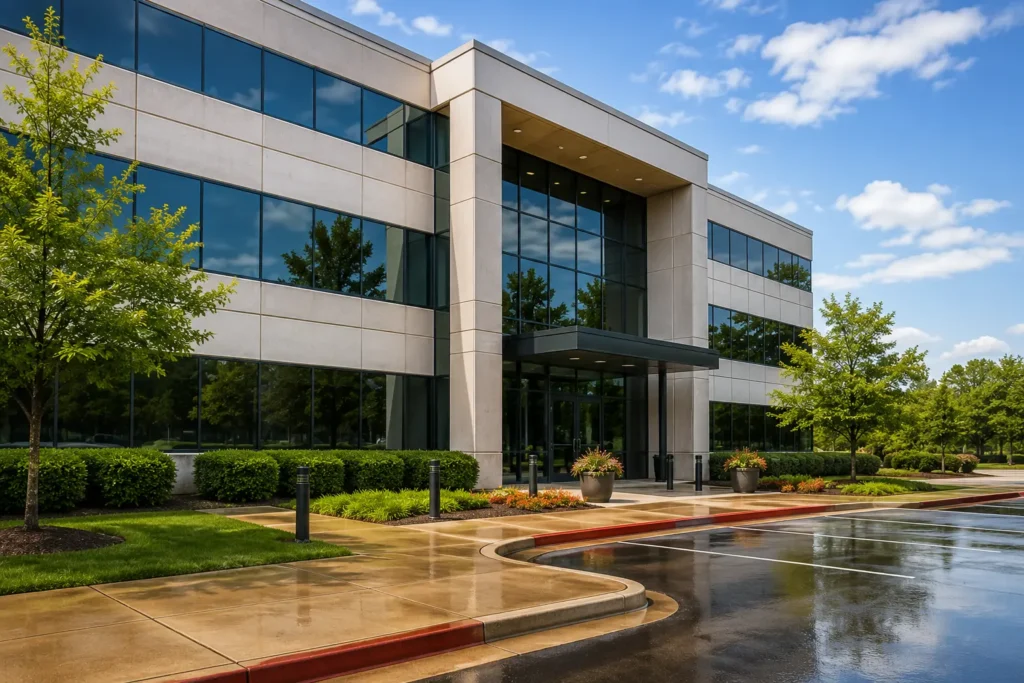 Modern Oklahoma office building with clean exterior and walkways