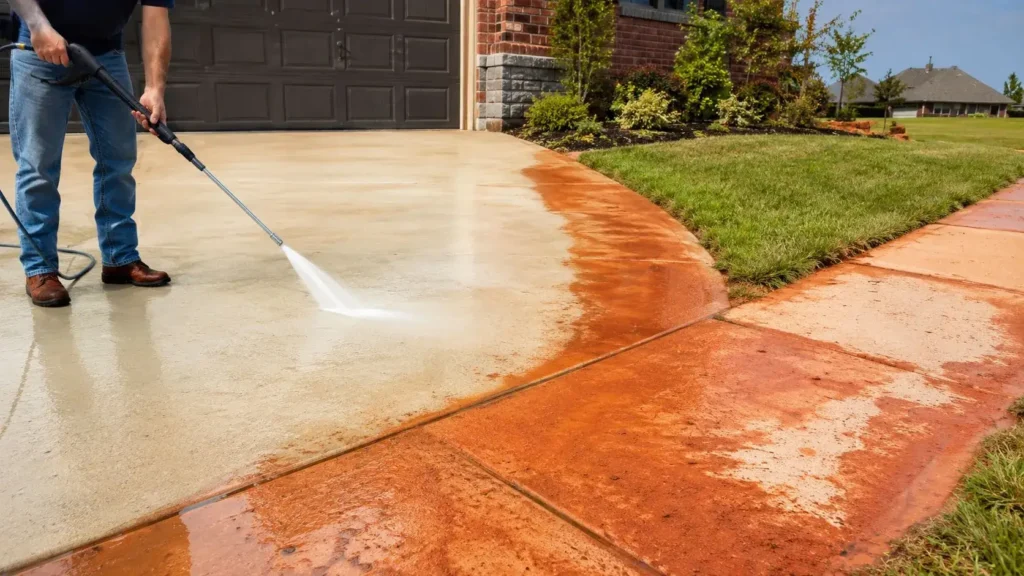 Removing Oklahoma red dirt stains from a concrete driveway and sidewalk