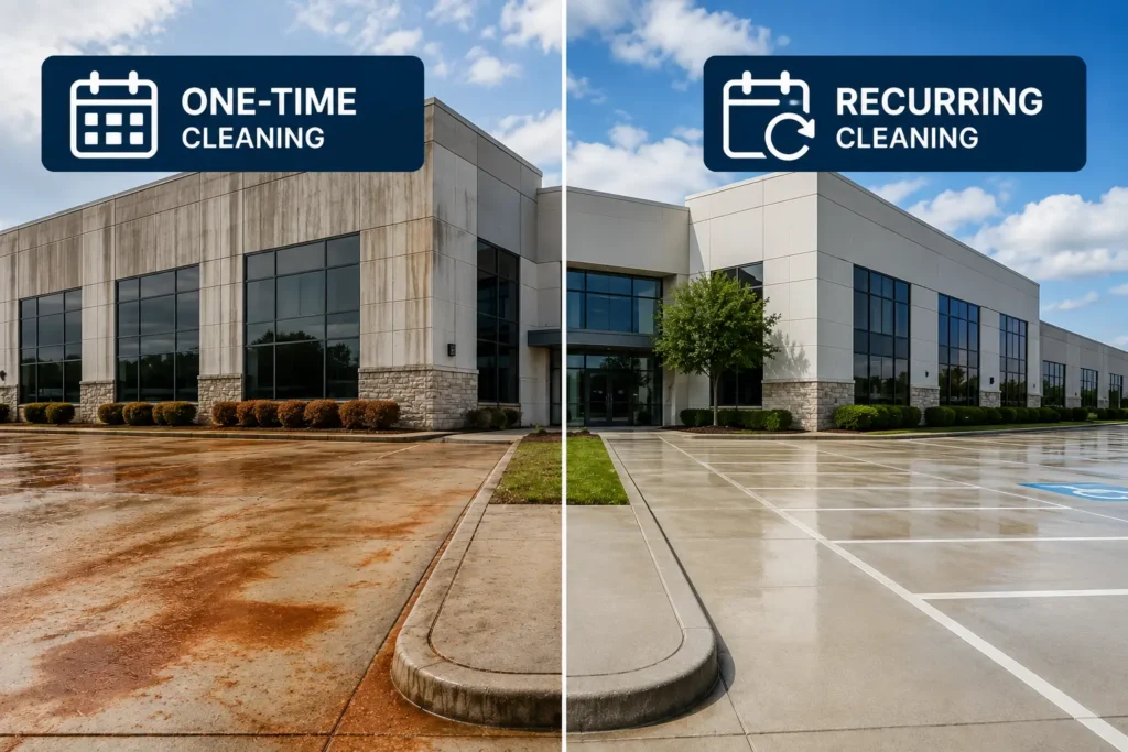 Comparison of one-time and recurring commercial pressure washing for an Oklahoma property