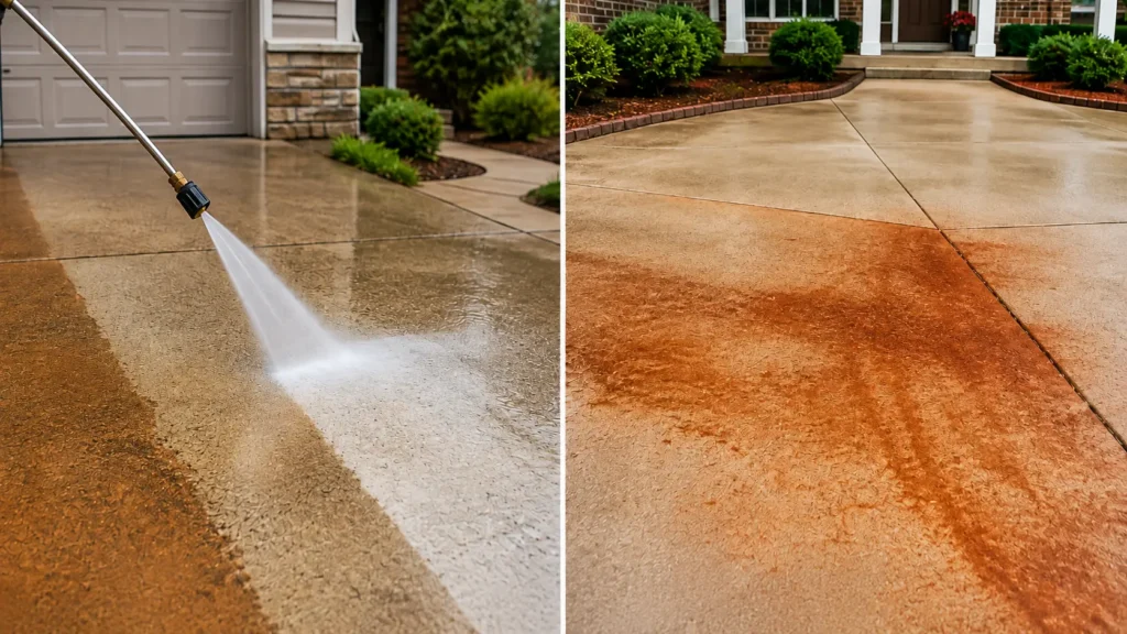 Pressure washing compared with red dirt staining on an Oklahoma concrete surface
